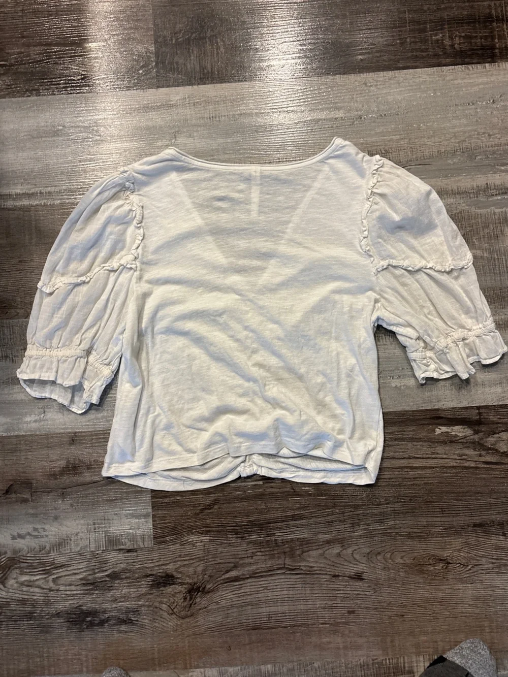 Anthropologie White Puff Sleeve Ruched V-Neck Ruffle Blouse Top XL
